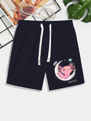 Axolotl Moon Rocket Pattern Comfy Men's Casual Elastic Waist Shorts