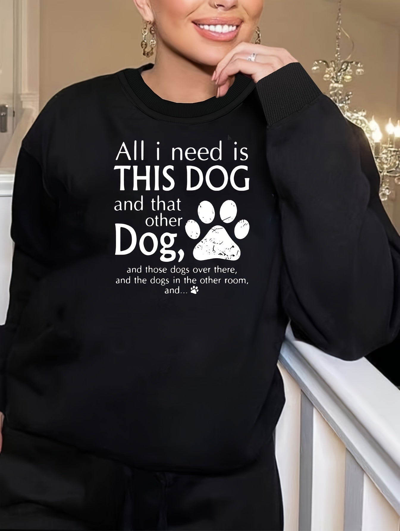 Slogan & Dog Paw Print Long Sleeve Loungewear Top