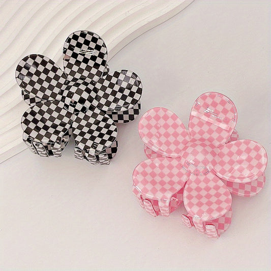 Checkerboard Pattern Flower Hair Claw Set
