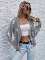 Star Print Crop Cardigan V Neck Button Up Long Sleeve