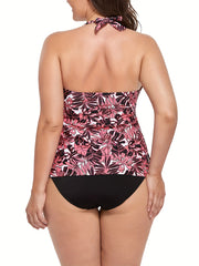 Modest Tankini Set Women's Plus Tropical Print Tie Front V Neck