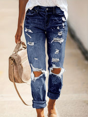 Distressed Straight Leg Jeans Button Fly Randomly Dot Printed Denim Pants