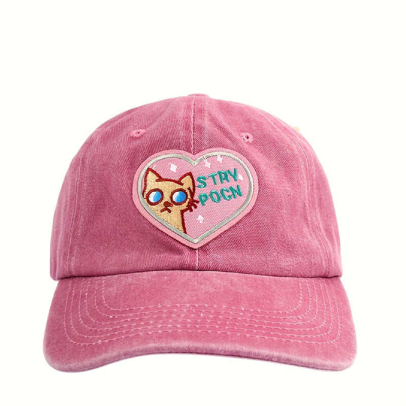 Pink Distressed Baseball Cap Cat Heart Embroidery Dad Hat