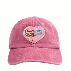 Pink Distressed Baseball Cap Cat Heart Embroidery Dad Hat