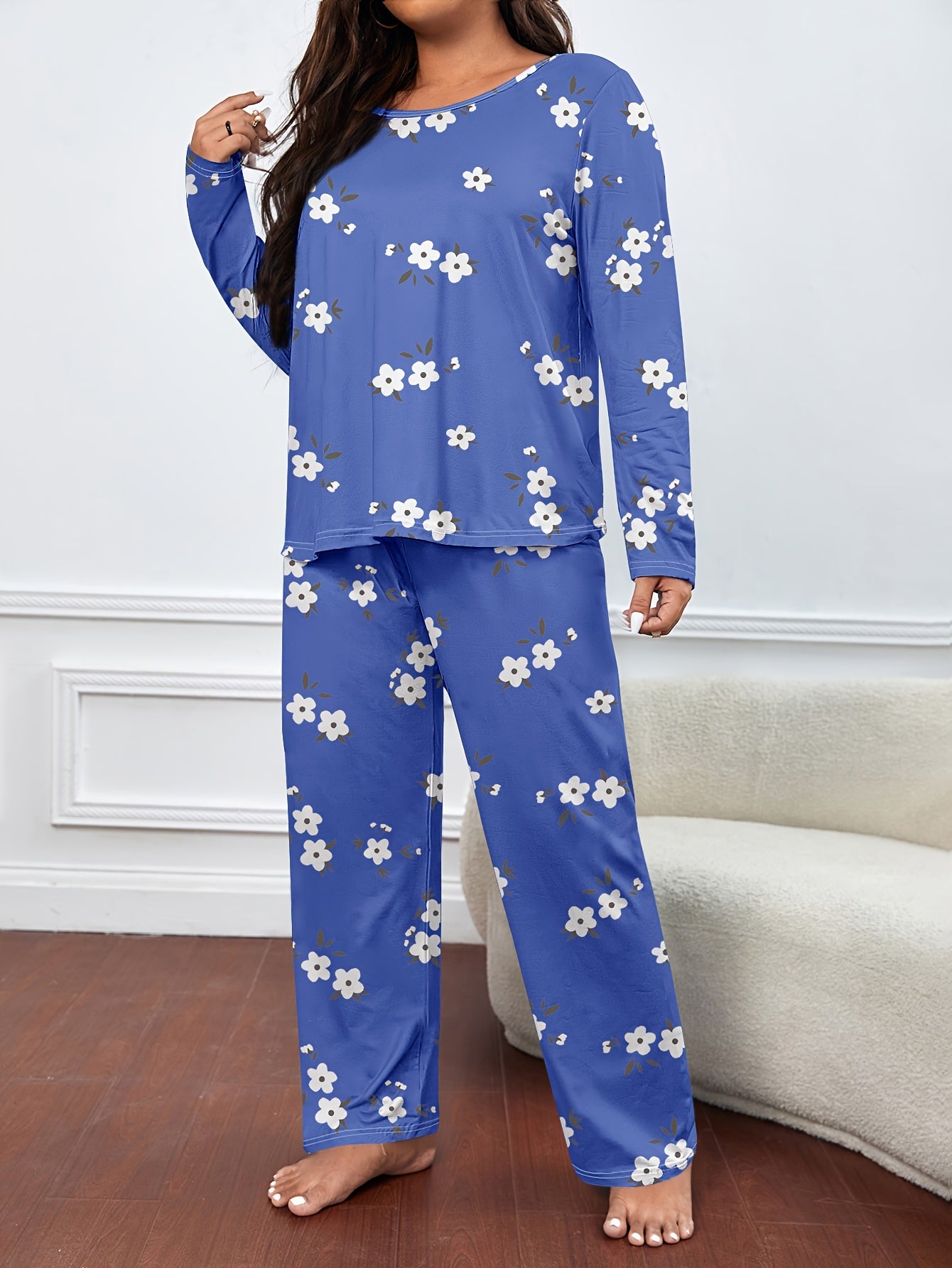 Floral Print Plus Size Pajamas Set Long Sleeve Tee & Pants Lounge 2 Piece