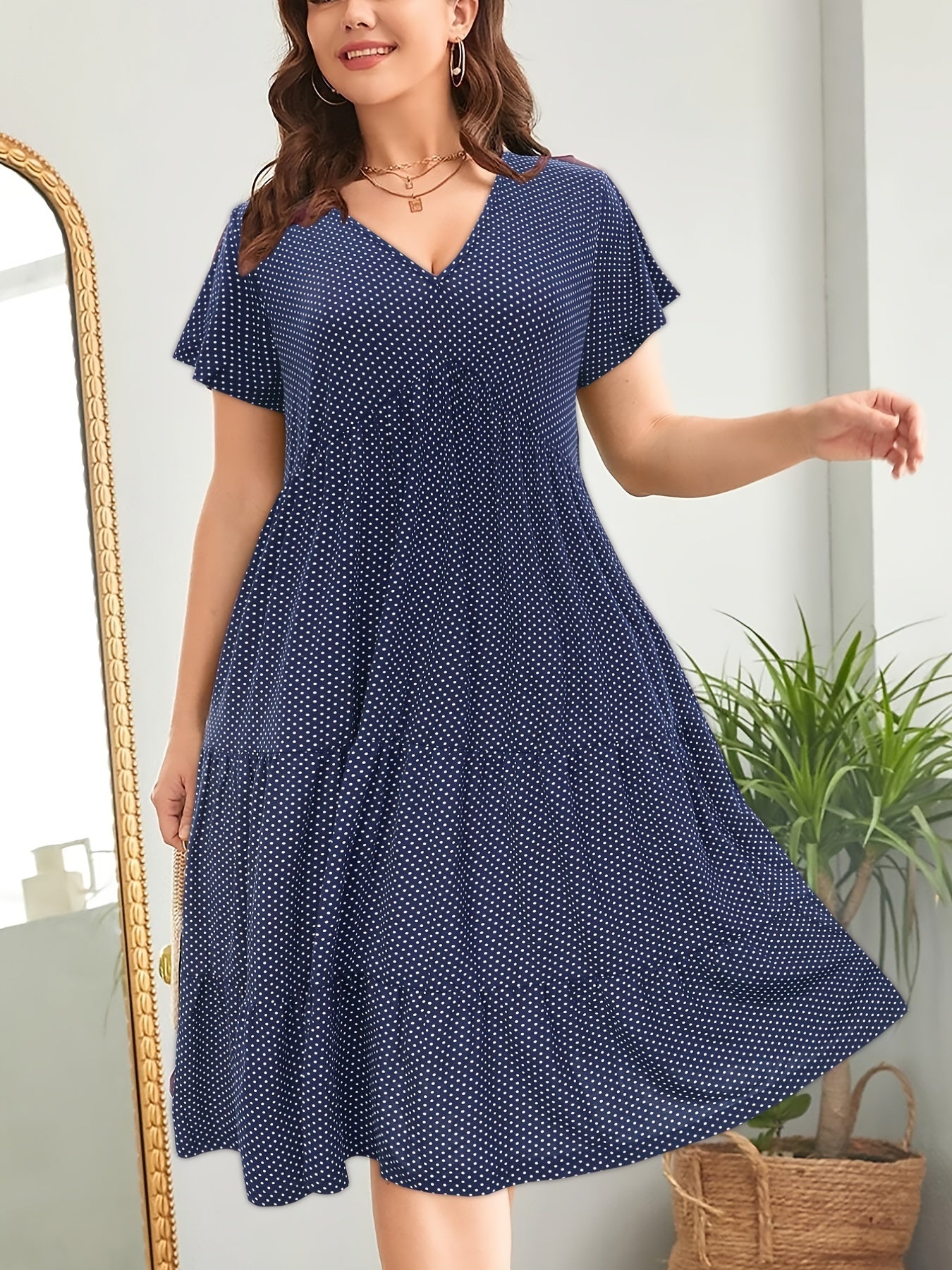 Dot Print Short Sleeve Maxi Dress Plus Size V Neck