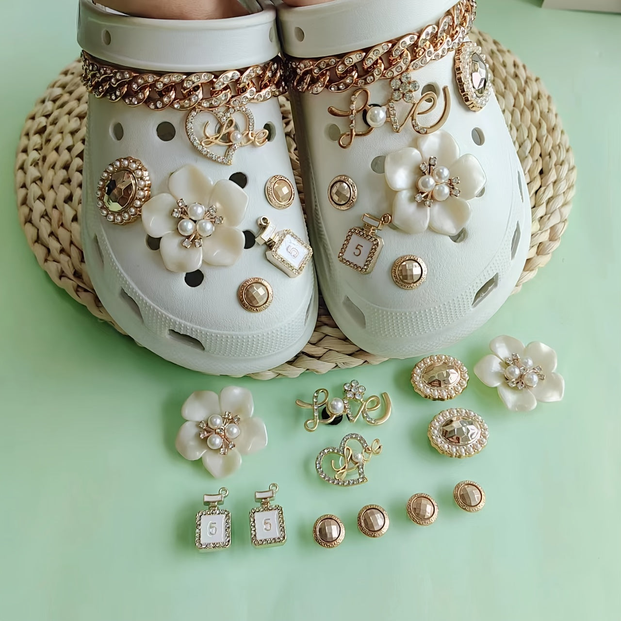 Xiaoxiang Wind Hole Shoe Accessories Flower Alloy Letter Chain