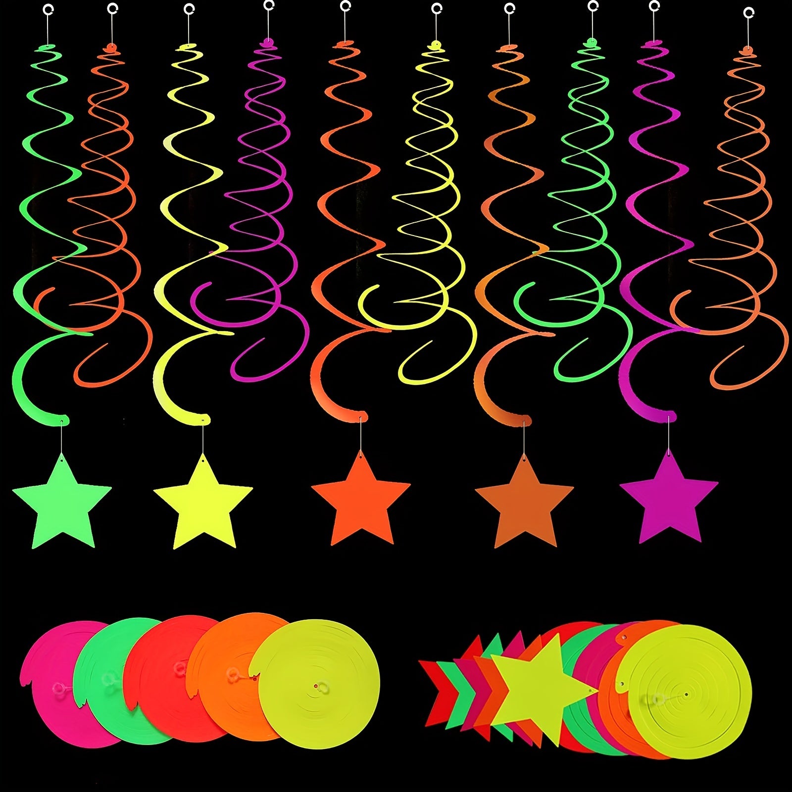 20Pcs Neon Star Swirl Hanging Decorations Glow Party Ceiling Decorations