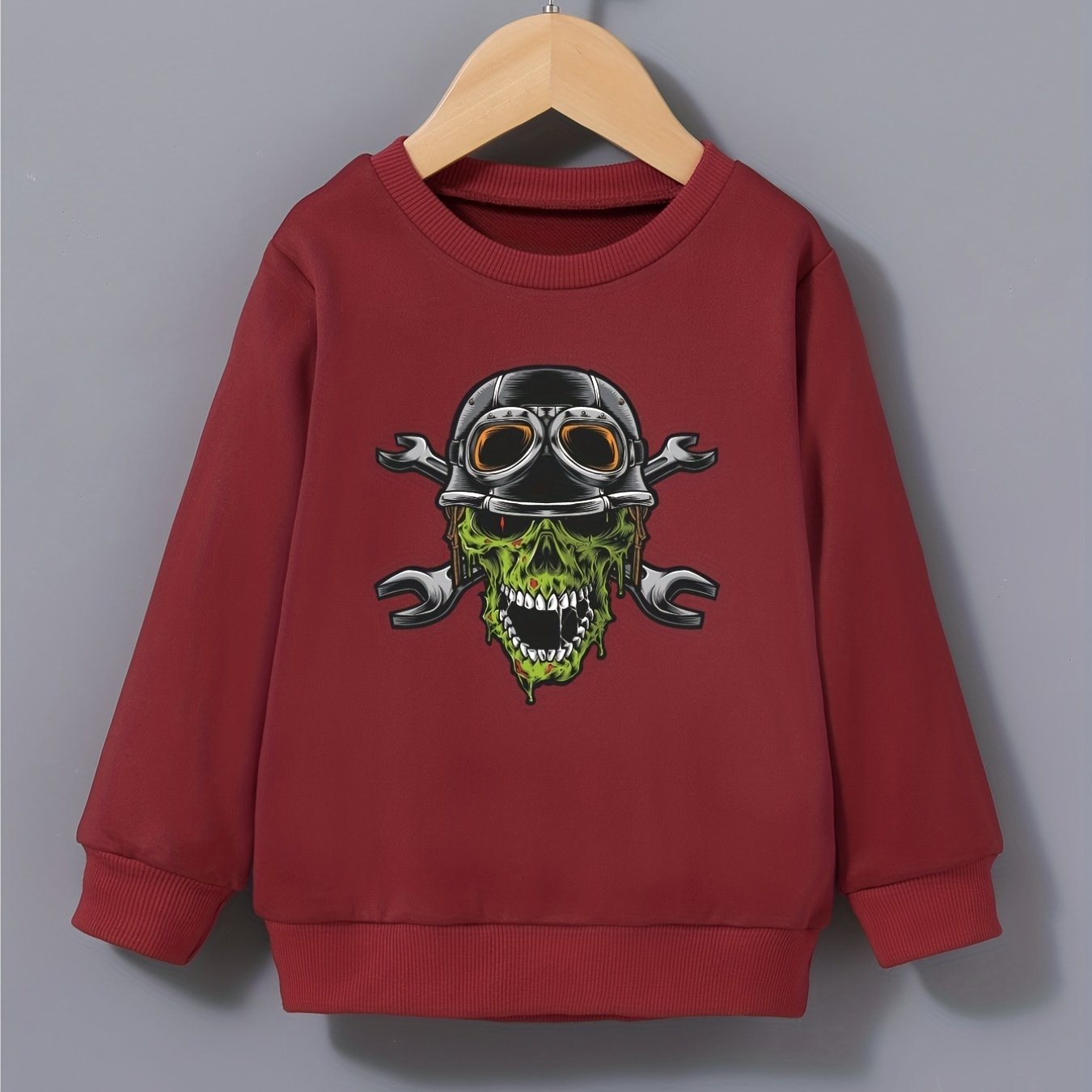 Boys Sweatshirt Helmet Skull Print Long Sleeve Pullover Top