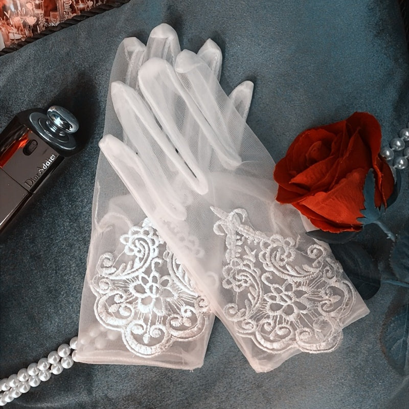 Bridal Wedding Dress Gloves Mesh Lace Floral Embroidery Gloves Short