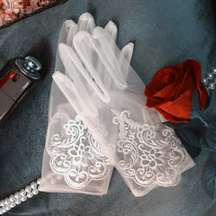 Bridal Wedding Dress Gloves Mesh Lace Floral Embroidery Gloves Short