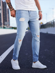 Slim Fit Ripped Cotton Jeans Men Casual Street Style Distressed Mid Stretch
