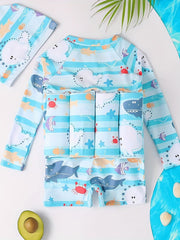 2pcs Baby Cartoon Print Buoyancy Swimsuit & Cap Set