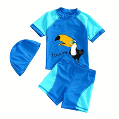 3pcs Boys Big Bird Graphic Tee Top & Shorts & Swim Cap Set