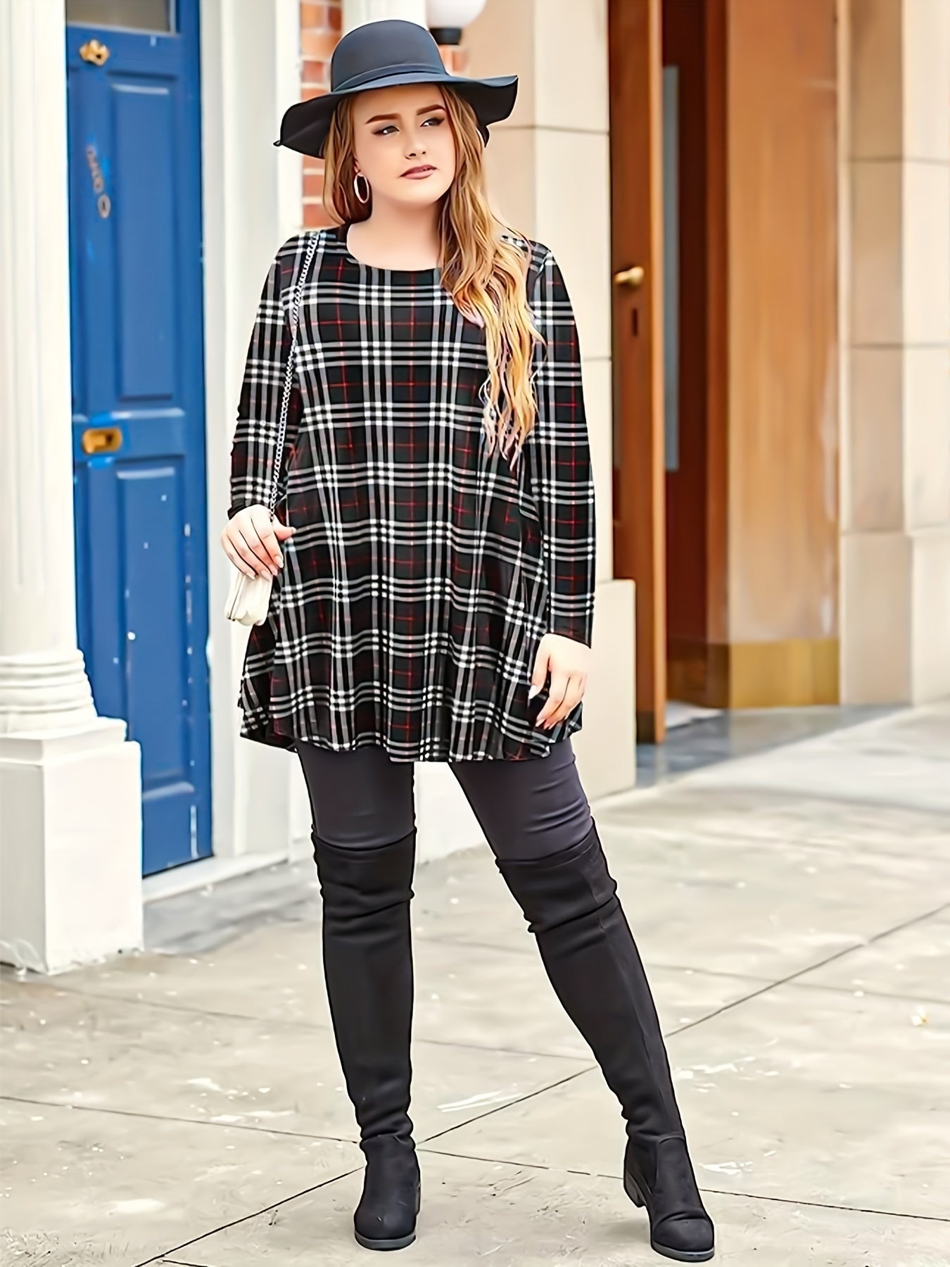Women's Plaid Print Long Sleeve A Line Mini Dress