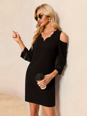 Cold Shoulder 3/4 Sleeve Dress V Neck Scallop Trim Casual
