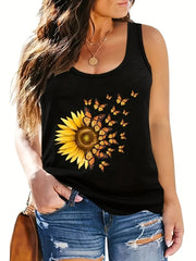 Butterfly & Sunflower Print Round Neck Tank Top