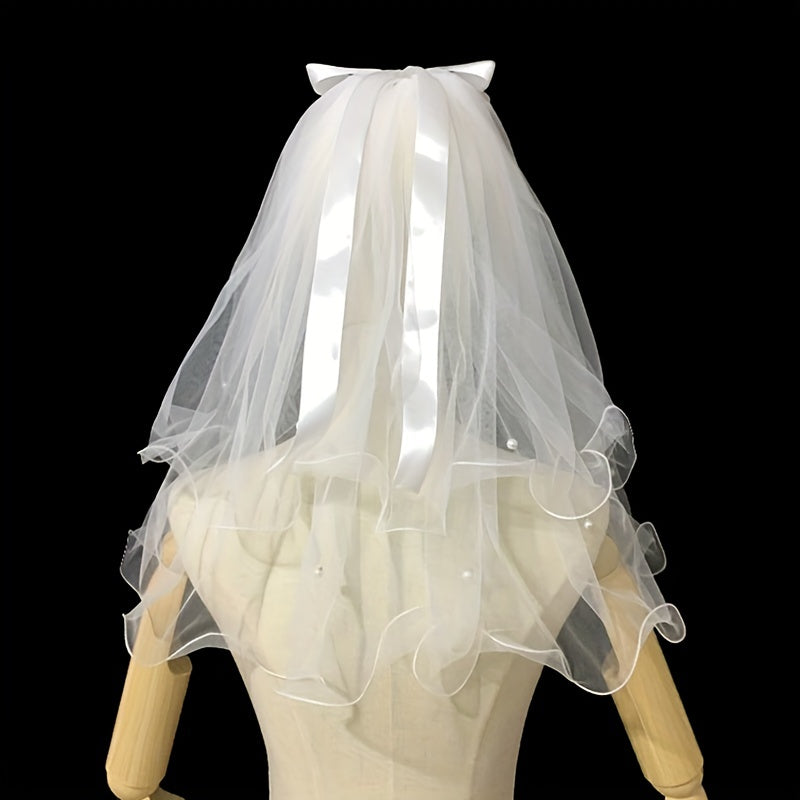 Double Layer Veil With Comb White Ribbon Bridal Hair Accessories