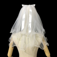 Double Layer Veil With Comb White Ribbon Bridal Hair Accessories
