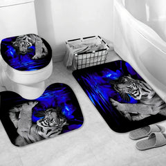4pcs Tigers Flower Print Shower Curtain Set with Bath Rugs and Toilet Lid Mat