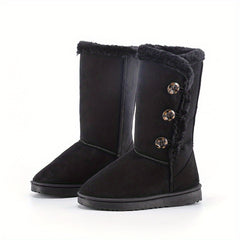 Women's Plush Mid Calf Boots Keep Warm Solid Button Non Slip Flat Snow Boots