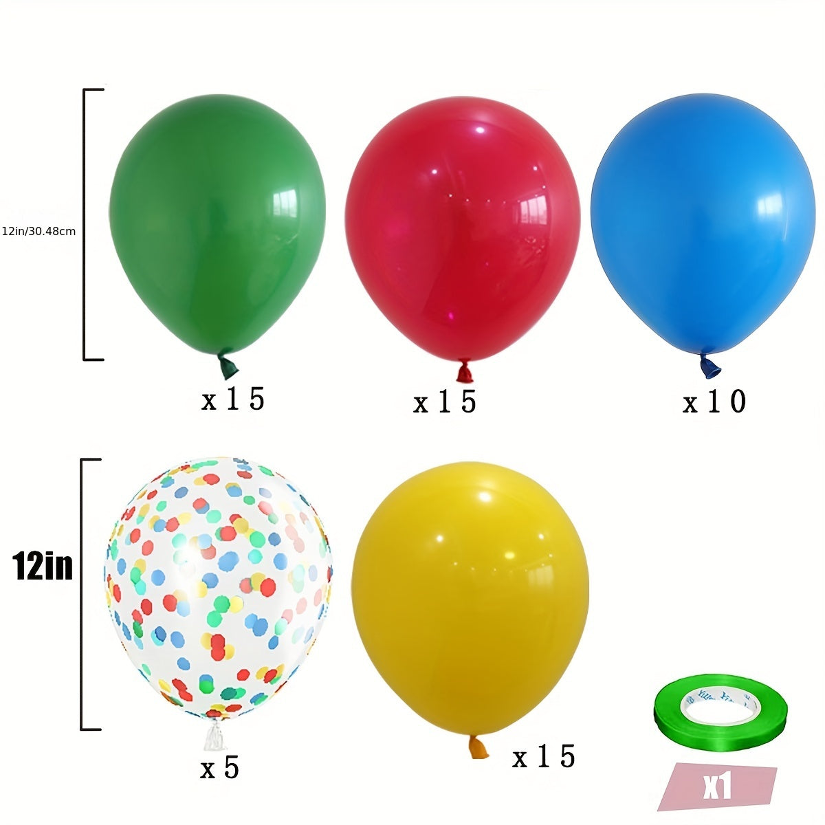 61pcs Red Yellow Green Latex Balloons Mixed Confetti Balloons Ribbon Birthday