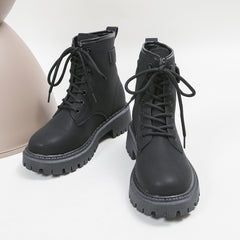 Women's Platform Ankle Combat Boots Lace Up Metal Buckle Round Toe Short Boots