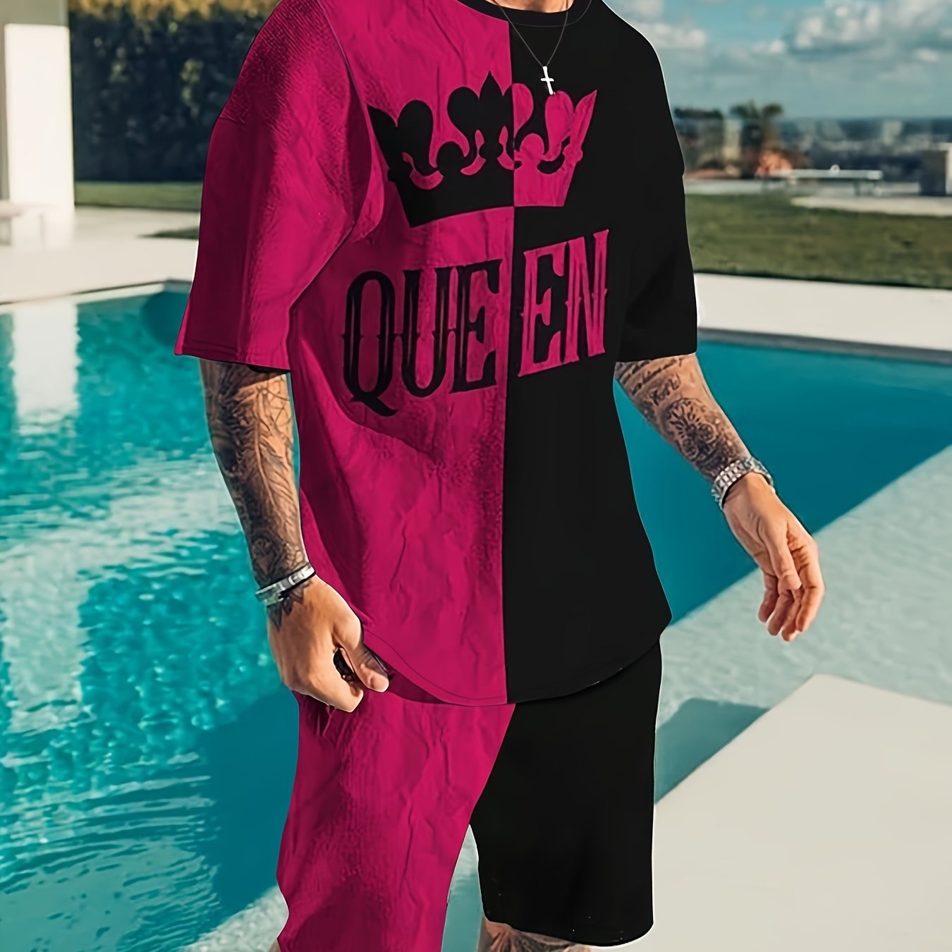 Crown QUEEN Pattern Men's 2 Piece Outfits T-shirt and Shorts Set