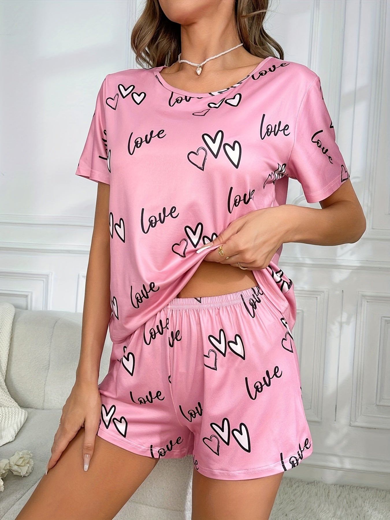 Heart Print Lounge Set Crew Neck Short Sleeve Top & Elastic Waistband Shorts