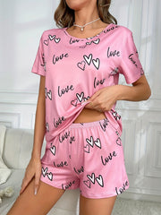 Heart Print Lounge Set Crew Neck Short Sleeve Top & Elastic Waistband Shorts