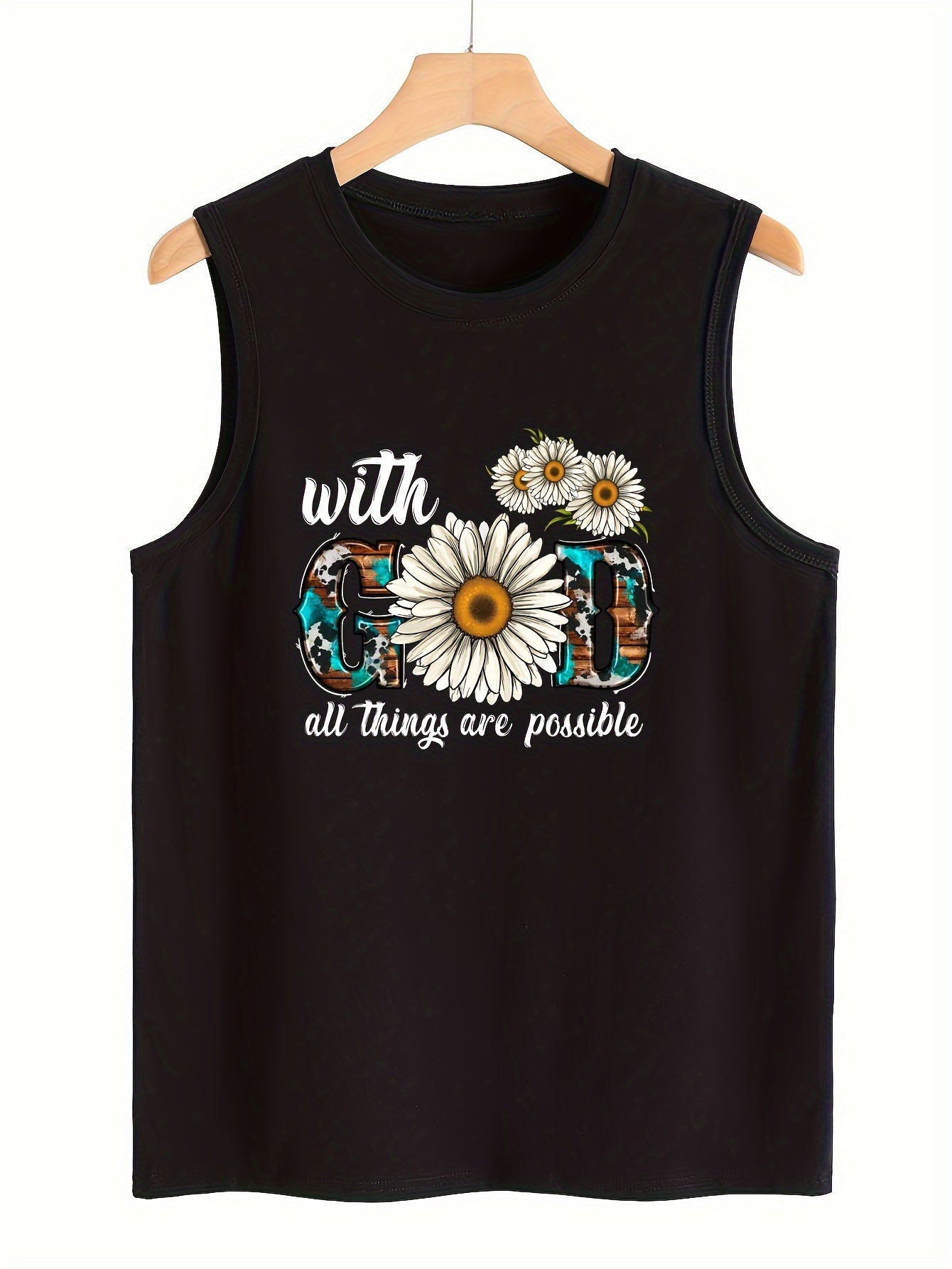 Floral & Letter Print Sleeveless Sports Vest Round Neck Casual Tops