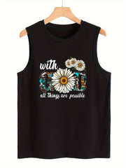 Floral & Letter Print Sleeveless Sports Vest Round Neck Casual Tops