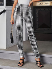 Gingham Print Slim Pants High Waist Long Length