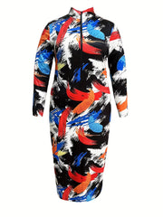 Women's Plus Feather Print Zip Up Mock Neck Long Sleeve Slim Fit Midi Dress