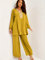 Applique Lantern Sleeve V Neck Belted Tunic Top & Wide Leg Pants Set