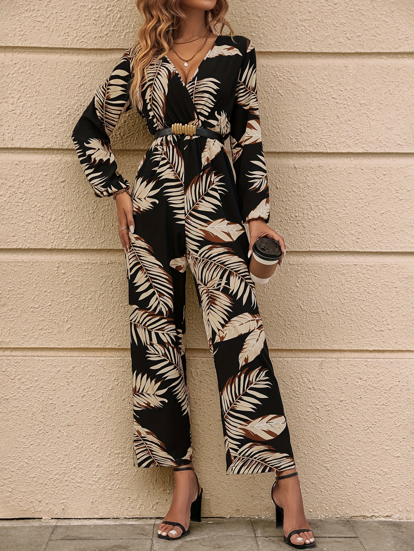Tropical Print Surplice Neck Jumpsuit Long Sleeve Wide Leg Jumpsuit