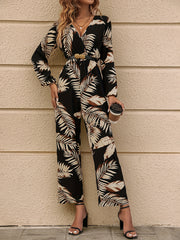 Tropical Print Surplice Neck Jumpsuit Long Sleeve Wide Leg Jumpsuit