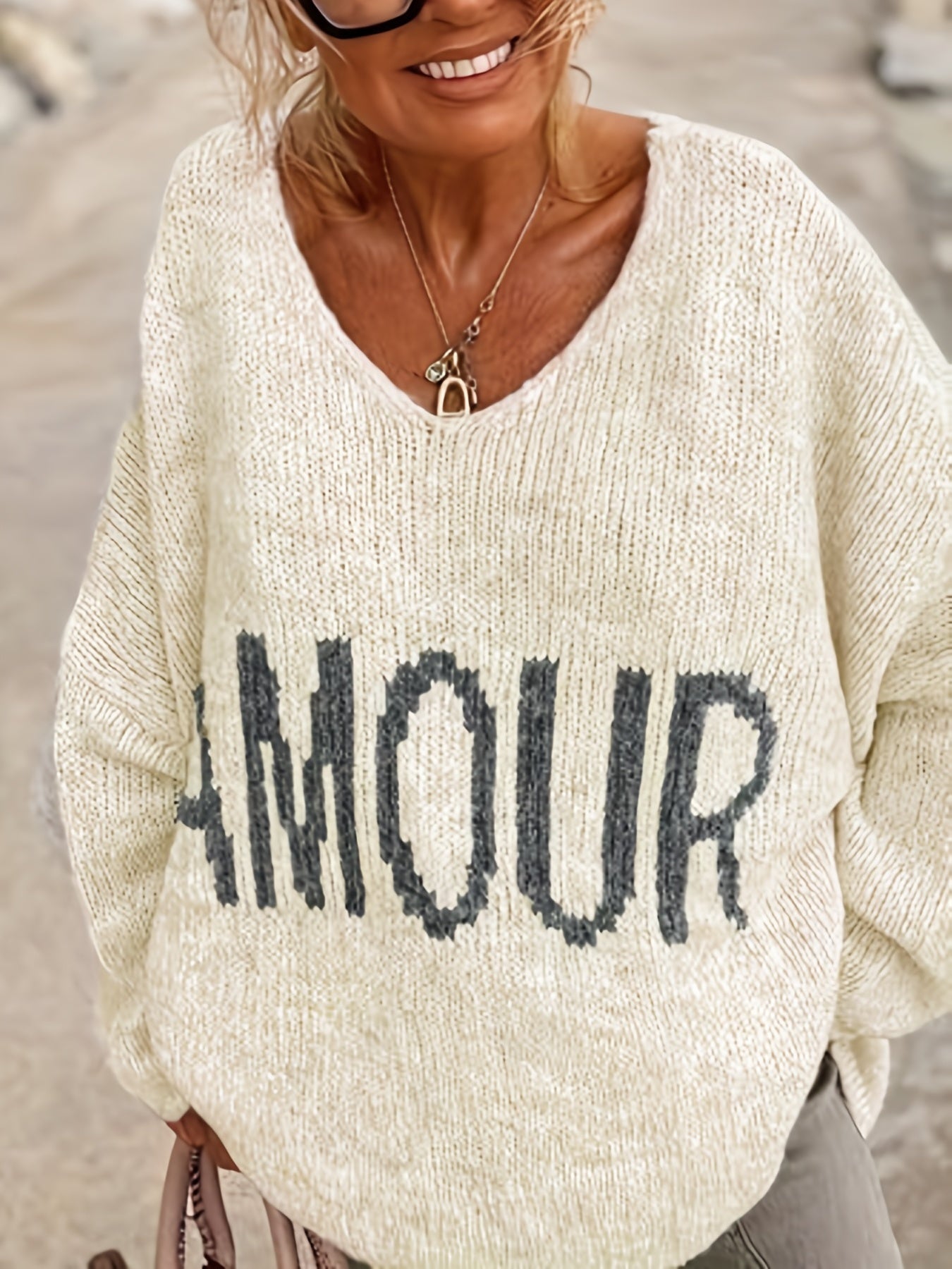 Letter Pattern V Neck Pullover Sweater Casual Long Sleeve Sweater