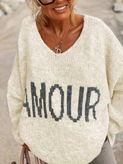 Letter Pattern V Neck Pullover Sweater Casual Long Sleeve Sweater