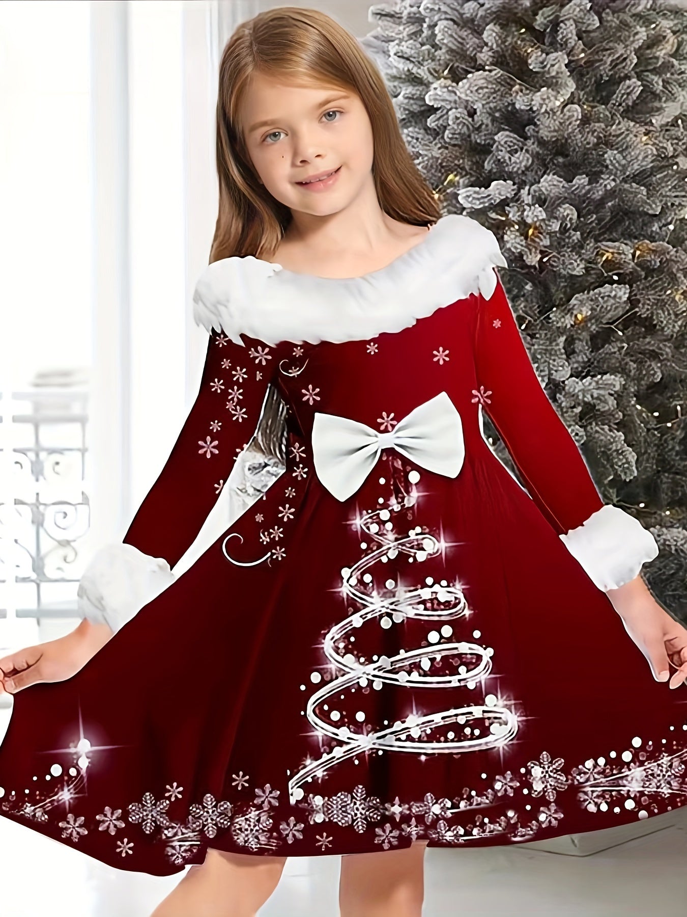 Girls Bow Christmas Tree Graphic Long Sleeve Dress