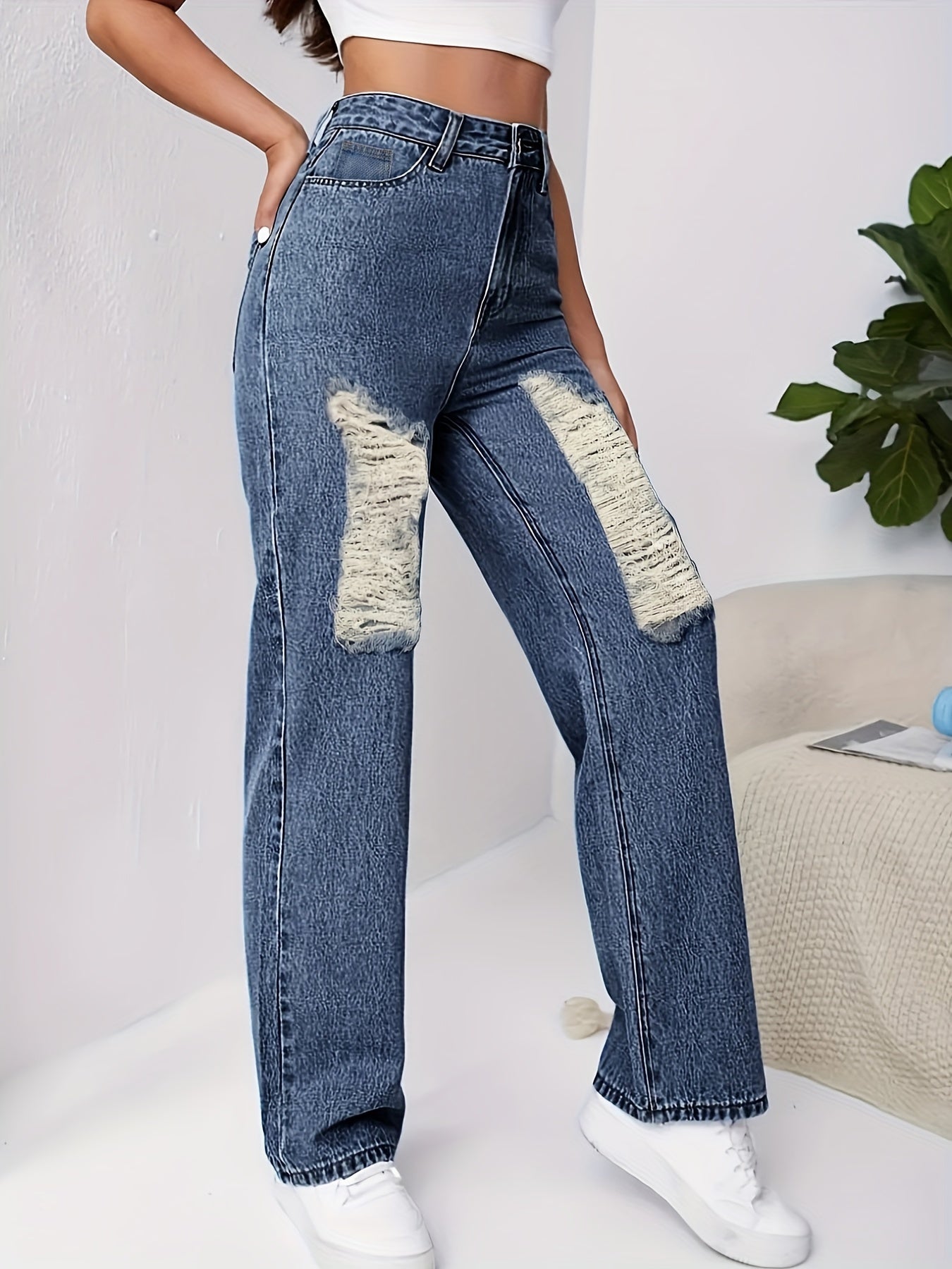 Ripped Holes Straight Jeans Loose Fit Slash Pockets