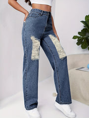 Ripped Holes Straight Jeans Loose Fit Slash Pockets