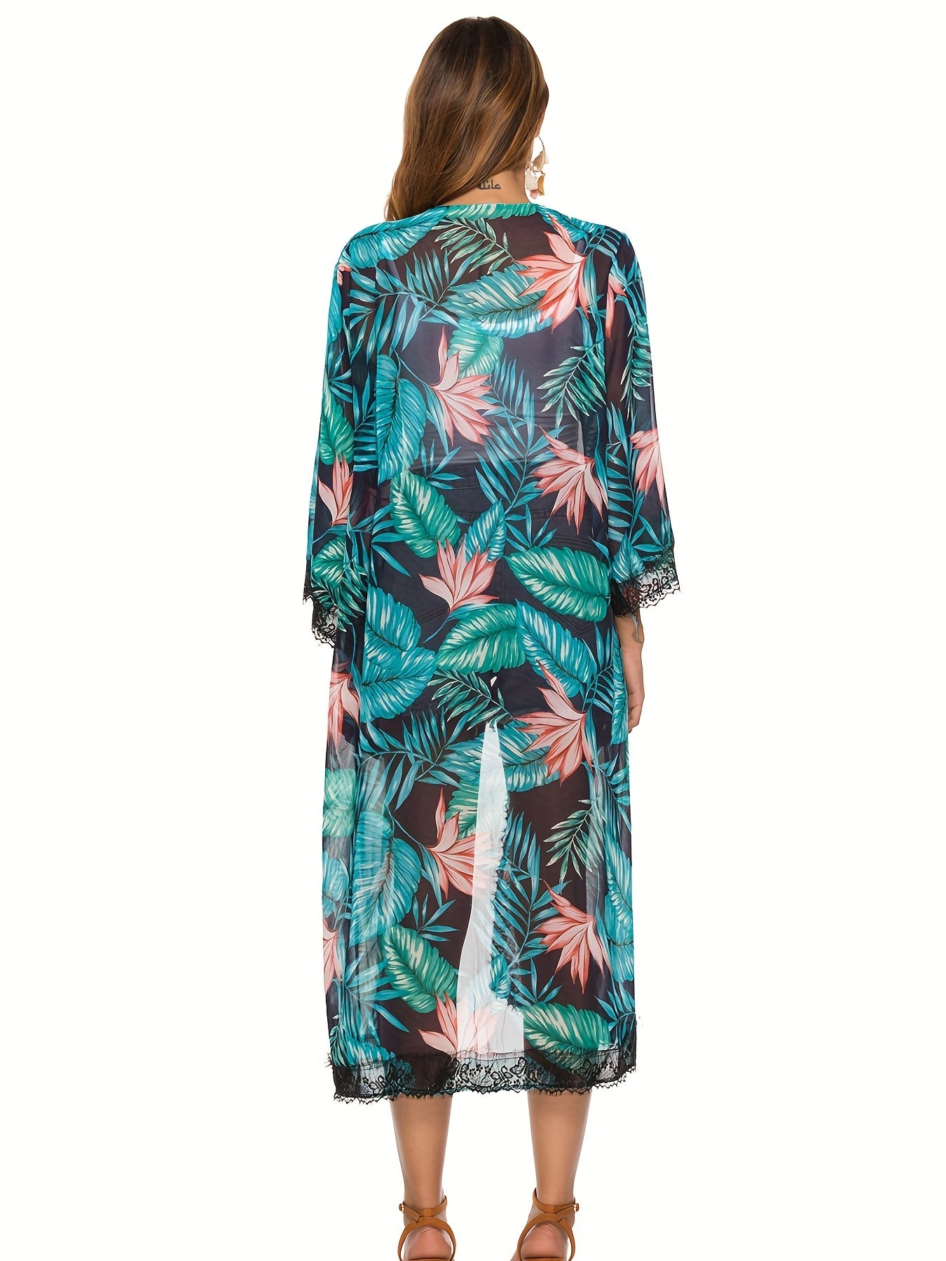 Tropical Floral Leaf Print Chiffon Cover Up 3/4 Sleeves Sun Protection Beach Cov