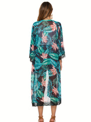 Tropical Floral Leaf Print Chiffon Cover Up 3/4 Sleeves Sun Protection Beach Cov