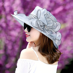 Wide Brim Organza Sun Hat Mesh Breathable Derby Church Hat Flower Decor