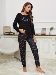 Letter Print Pajama Set Long Sleeve Crew Neck Top & Elastic Waistband Pants