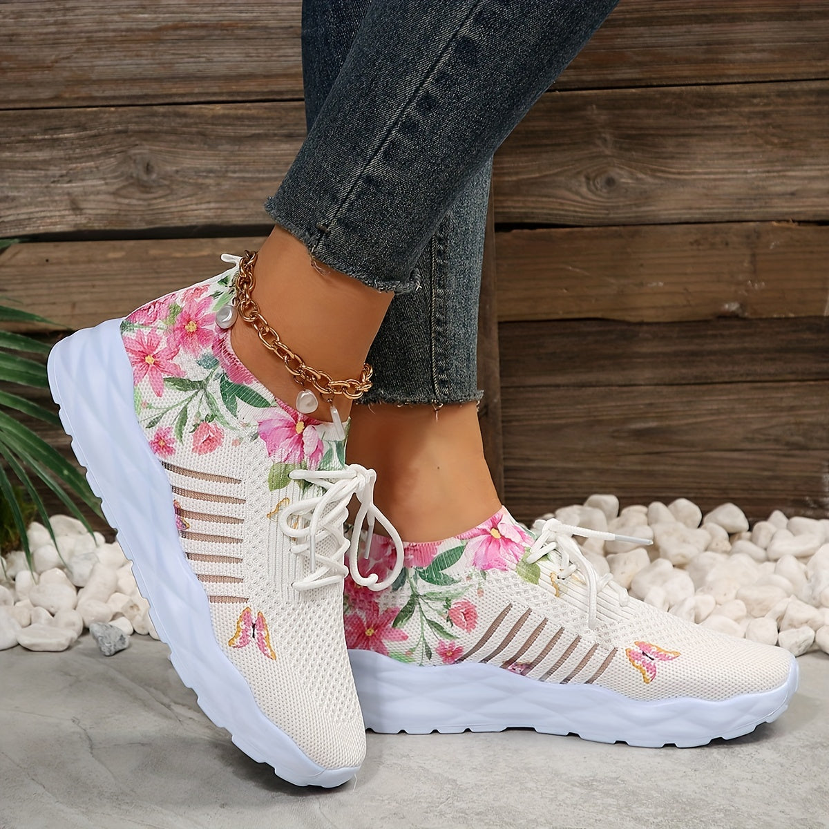 Women's Flower & Butterfly Platform Sneakers Breathable Mesh Lace Up Shoes