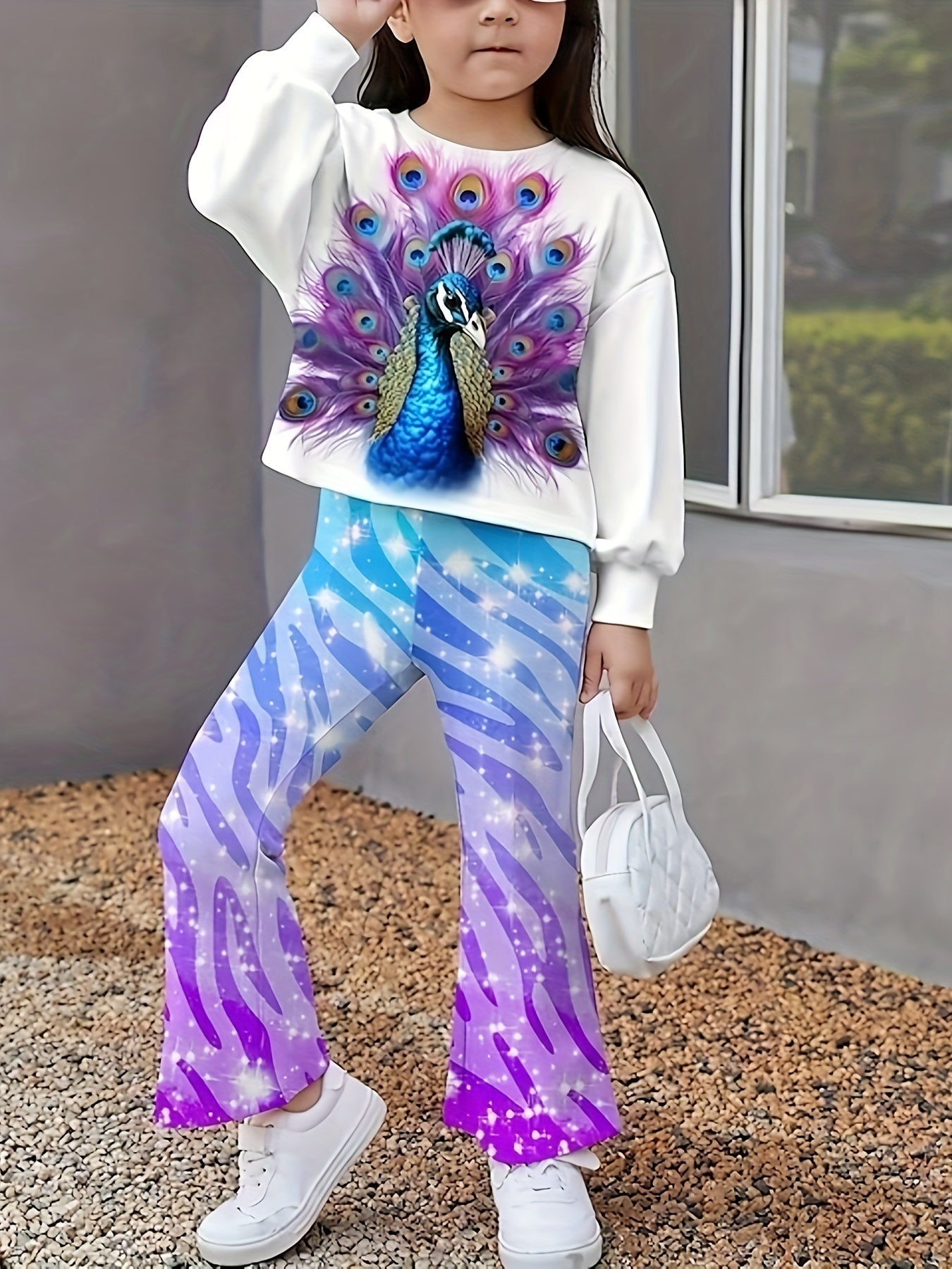 Girls Peacock Graphic 2pcs Outfits Comfy Sets For Spring Fall Sports Gift