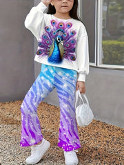 Girls Peacock Graphic 2pcs Outfits Comfy Sets For Spring Fall Sports Gift