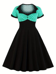 Women's Plus Colorblock Polka Dot Print Sweetheart Neck A line Occasion Dress
